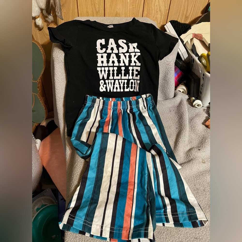 Black Graphic Tee and Striped Pants Set